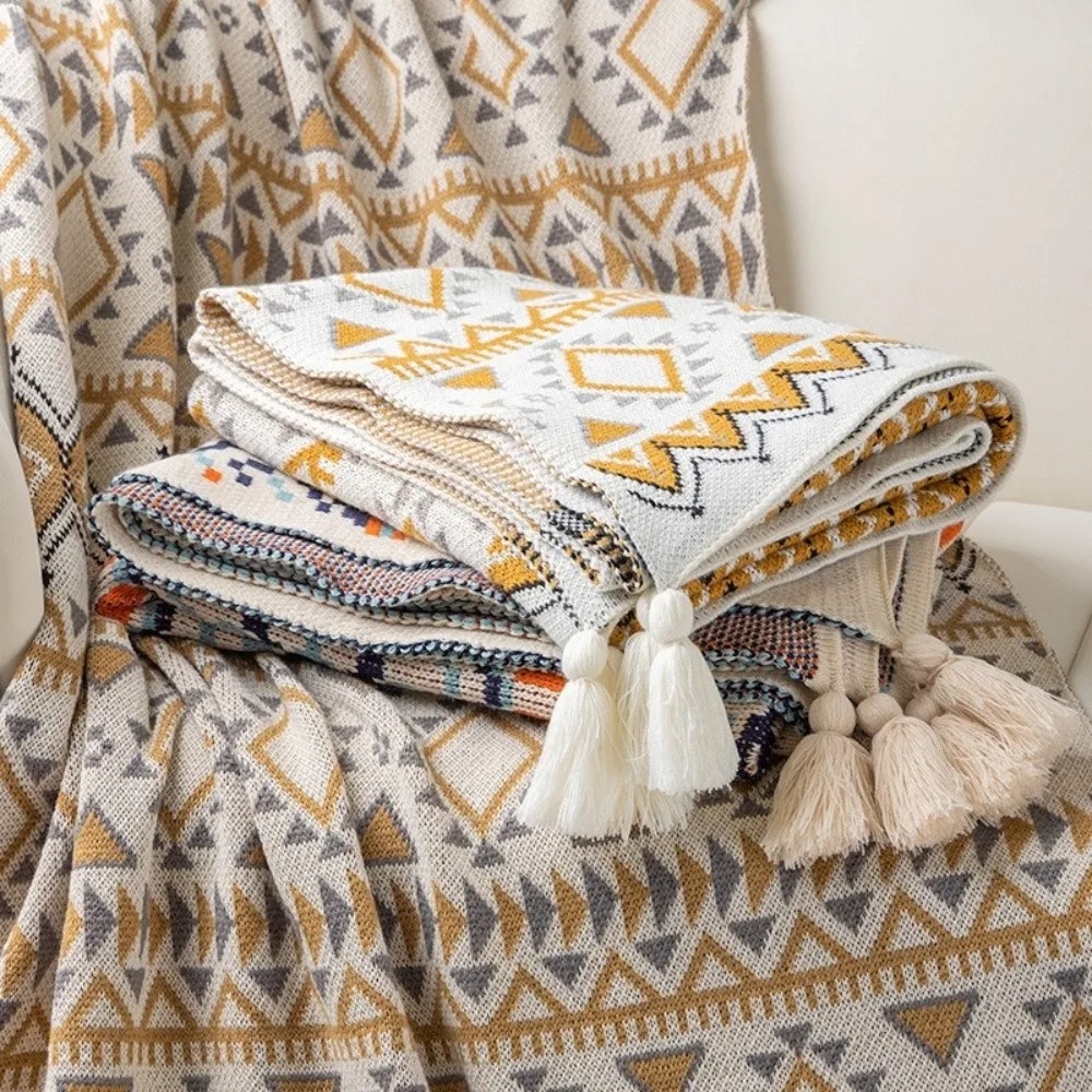 Boho Throw Blanket Fringe - Plaids vintage en tricot épais de