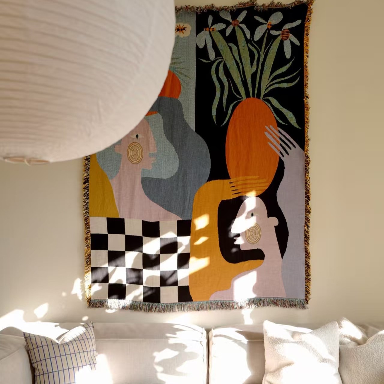 Boho Throw Blanket Fringe - Tapisserie murale moderne d'art abstrait, tissée