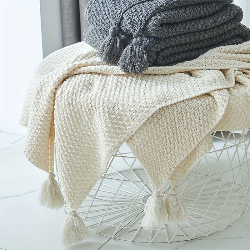 Boho Throw Blanket Fringe - Couverture tricotée bohème décorative à franges,