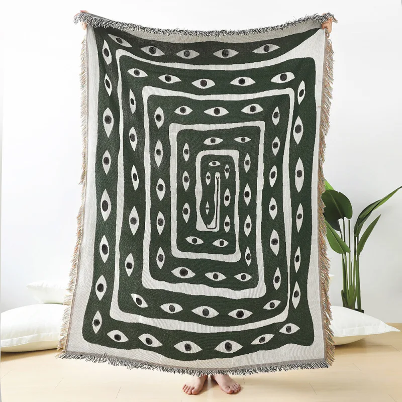 Boho Throw Blanket Fringe - Couverture Jacquard Vert et Blanc à