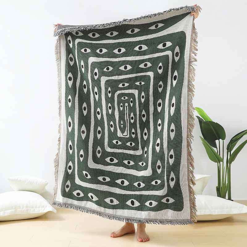 Couverture Jacquard Vert et Bl - Boho Throw Blanket Fringe avis et prix